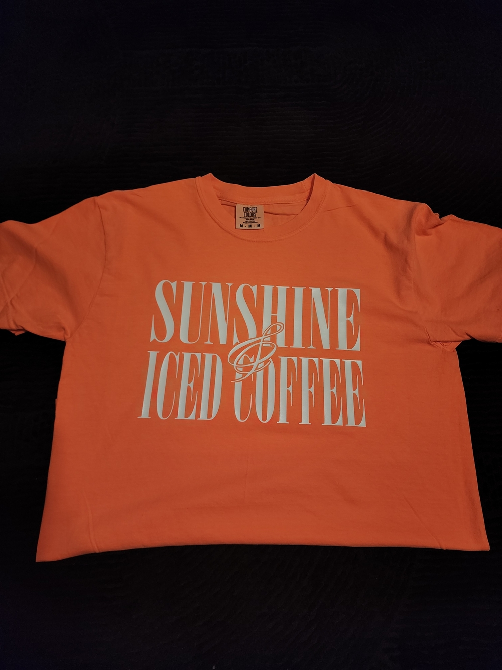 Comfort Colors Orange Adult Med  Tee with 'Sunshine & Iced Coffee' White Graphic